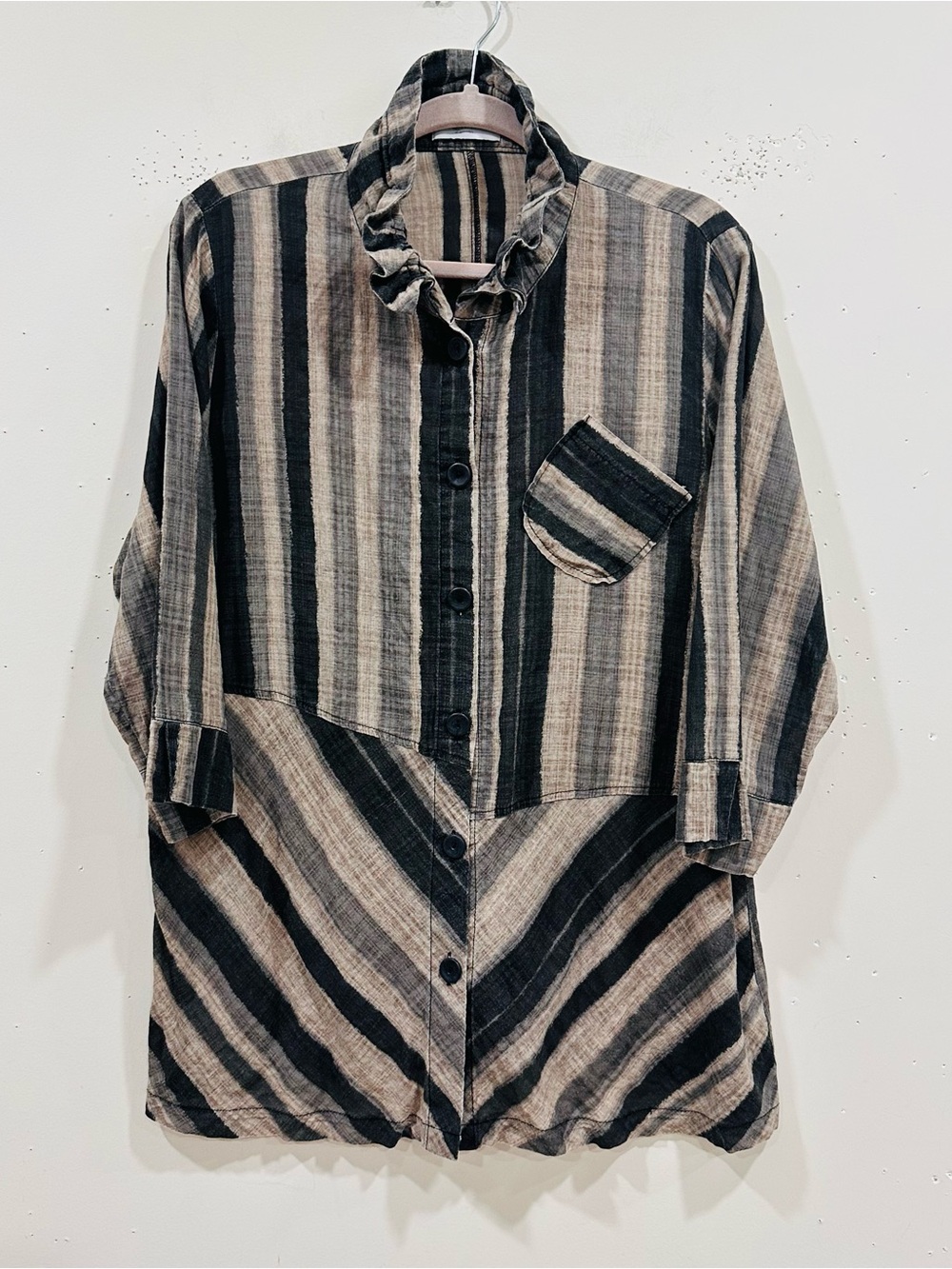 Terra Brown Tan Striped Lagenlook Artsy‎ Button Down Size L